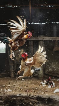 Two roosters in mid-air combat, feathers flying, inside a rustic barn with sunlight streaming through gaps