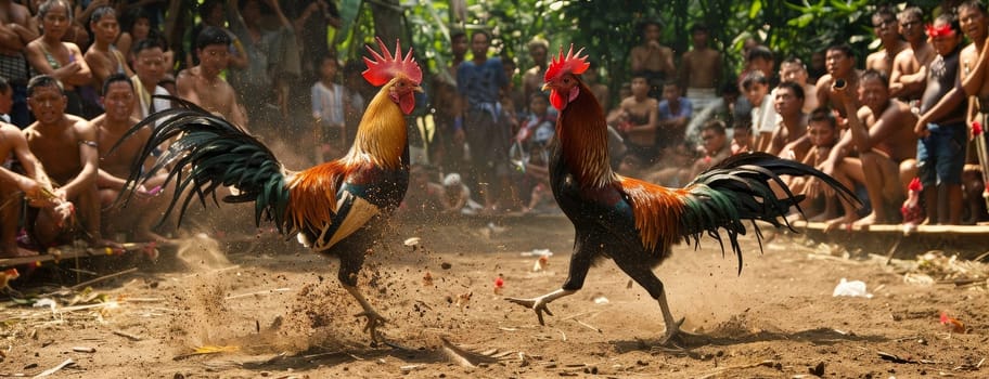 A dynamic cockfight with roosters engaged in battle while surrounded by an attentive crowd in a tropical village setting