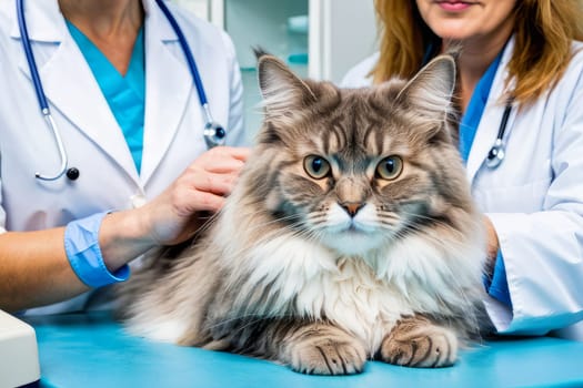 Veterinarian caring for the cat, who stands peacefully next to the procedure table and medical equipment as part of an event honoring Veterinarian Day
