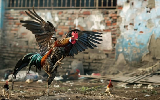 Vibrant rooster in mid-flight, showcasing colorful feathers against a rustic, urban backdrop