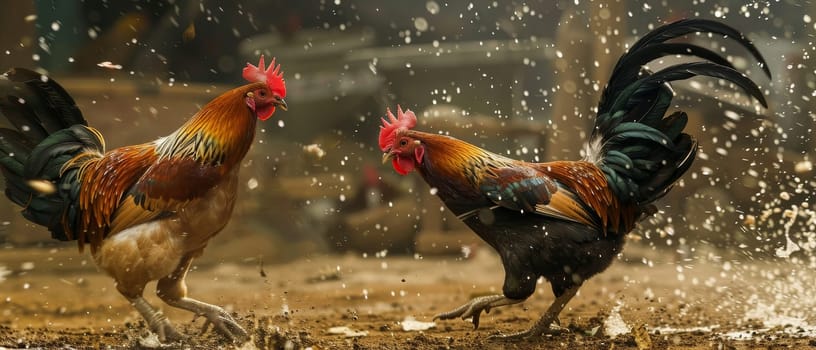 Two vibrant roosters mid-fight, feathers ruffled, amidst a dynamic, dust-filled atmosphere