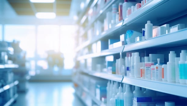 The blurred abstract background of the pharmacy. High quality photo