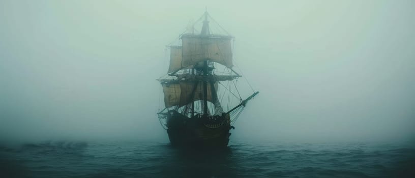 A ghostly sailing pirate ship emerges from a dense fog on the open sea, creating a mysterious and eerie maritime scene