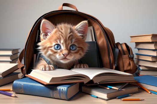 cute kitten with textbooks, backpack and other school supplies .