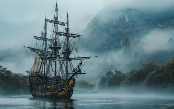 A mysterious pirate ship navigates close to a foggy cliff under the cover of night, creating an atmosphere of intrigue and adventure