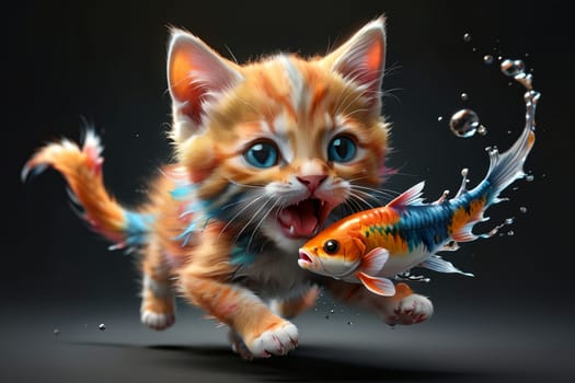 Cute Ragdoll kitten and goldfish underwater .