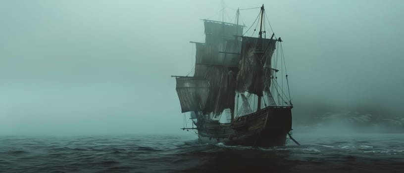 A ghostly sailing pirate ship emerges from a dense fog on the open sea, creating a mysterious and eerie maritime scene