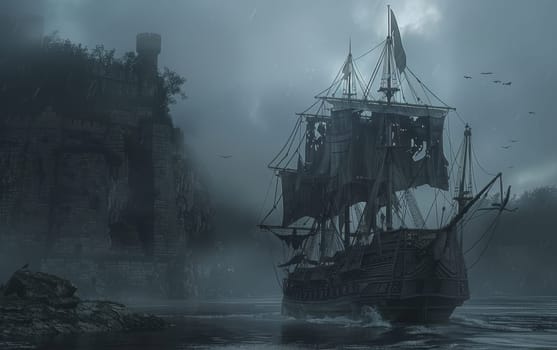 A mysterious pirate ship navigates close to a foggy cliff under the cover of night, creating an atmosphere of intrigue and adventure