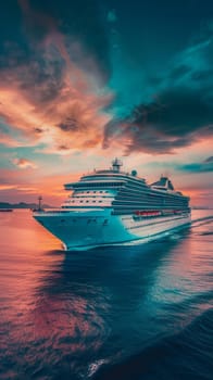 A luxury cruise ship sails through calm waters against a breathtaking sunset sky, offering a sense of grand travel adventures