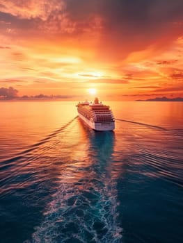 A luxury cruise ship sails through calm waters against a breathtaking sunset sky, offering a sense of grand travel adventures