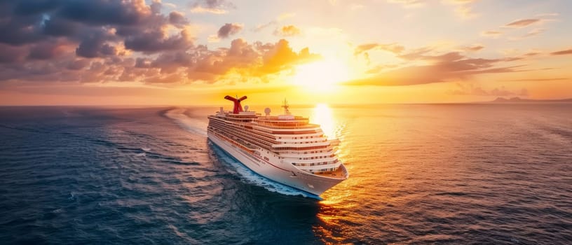 A luxury cruise ship sails through calm waters against a breathtaking sunset sky, offering a sense of grand travel adventures