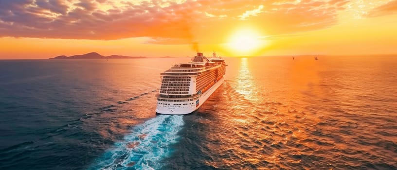 A luxury cruise ship sails through calm waters against a breathtaking sunset sky, offering a sense of grand travel adventures