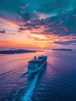 A luxury cruise ship sails through calm waters against a breathtaking sunset sky, offering a sense of grand travel adventures