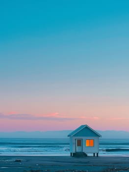 A lone beach house with warm glowing windows stands on a tranquil shore, with the serene ocean and twilight hues in the background