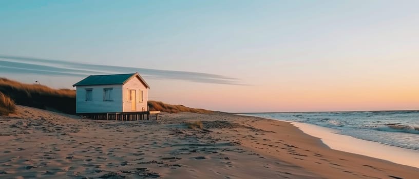 A serene beach at sunset, featuring a lifeguard hut, calm waves, and a sky painted with hues of orange and blue