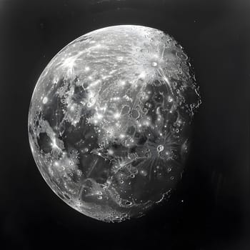 A black and white photograph capturing the beauty of a full moon in the night sky, highlighting the astronomical object in its circular form against the dark backdrop of outer space