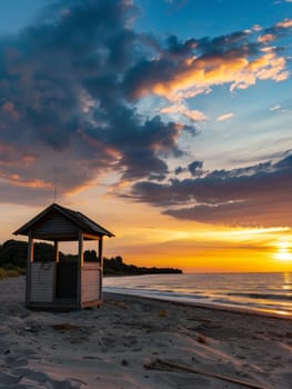 A serene beach at sunset, featuring a lifeguard hut, calm waves, and a sky painted with hues of orange and blue