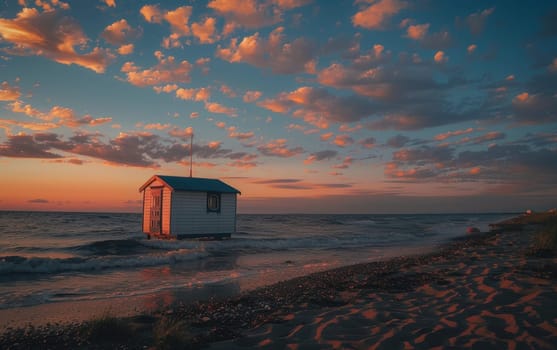 A serene beach at sunset, featuring a lifeguard hut, calm waves, and a sky painted with hues of orange and blue