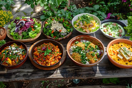 A wooden table adorned with bowls filled with various ingredients sourced from terrestrial plants, showcasing a mix of culinary creations and diverse cuisines