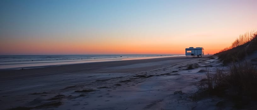 A solitary van parked on a remote beach at twilight, offering a peaceful retreat with a view of the expansive ocean and sky