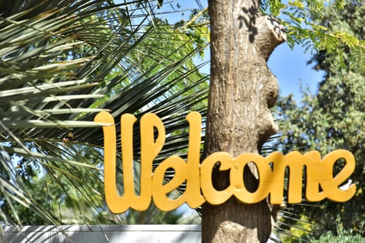 green summer garden,palm trees bush leaves, yellow text welcome. High quality photo