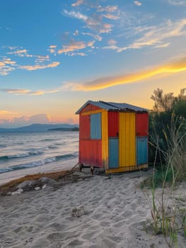 A serene beach at sunset, featuring a lifeguard hut, calm waves, and a sky painted with hues of orange and blue
