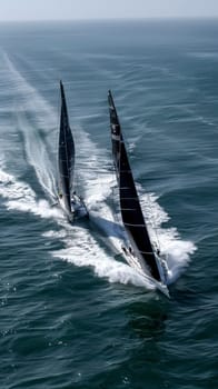 High-speed racing sailboats slice through the ocean waves, their sails billowing in the wind during a competitive regatta