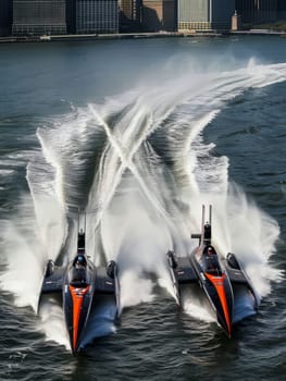 Speedboats race at high velocity, churning the ocean water with powerful, in an intense display of water sportsmanship