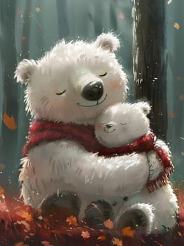 A teddy bear holding a stuffed toy baby polar bear in its arms. This creative arts event showcases a realistic fur pattern on the terrestrial animals snout