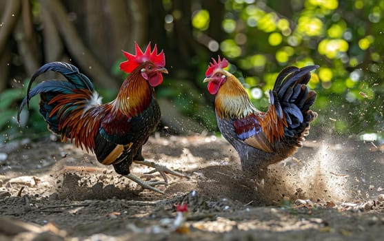 Intense Rooster Fight in a Dusty Field with Flapping Wings and Clashing Beaks