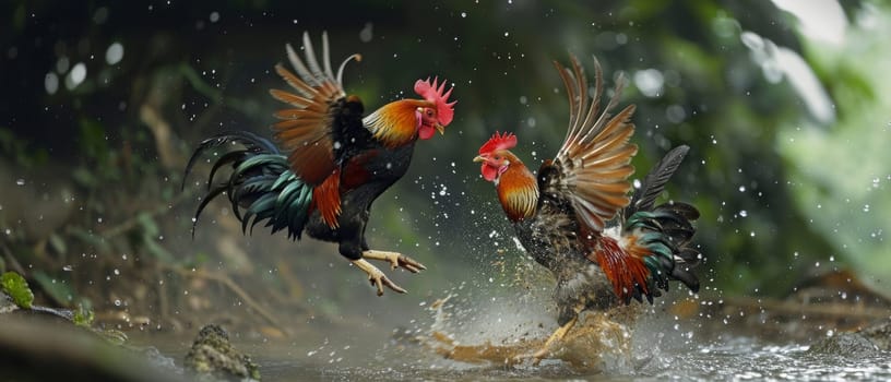 Intense Rooster Fight in a Dusty Field with Flapping Wings and Clashing Beaks