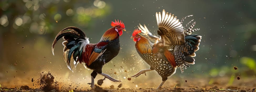 Intense Rooster Fight in a Dusty Field with Flapping Wings and Clashing Beaks