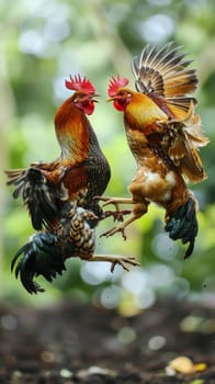 Intense Rooster Fight in a Dusty Field with Flapping Wings and Clashing Beaks