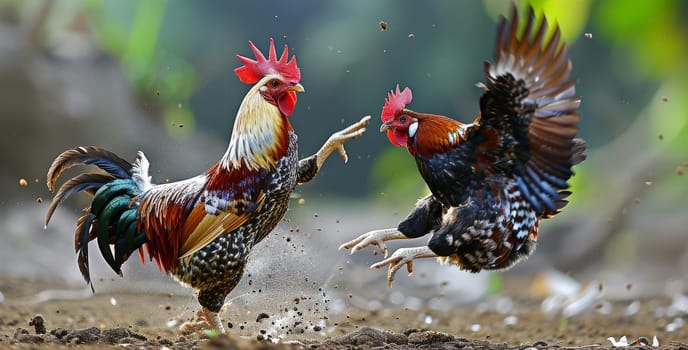 Intense Rooster Fight in a Dusty Field with Flapping Wings and Clashing Beaks