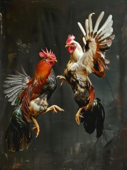 Intense Rooster Fight in a Dusty Field with Flapping Wings and Clashing Beaks