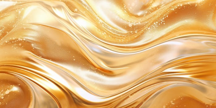 Golden fluid background. Liquid yellow metal wallpaper. Glamour swirl gold texture. 3d wavy flow abstraction