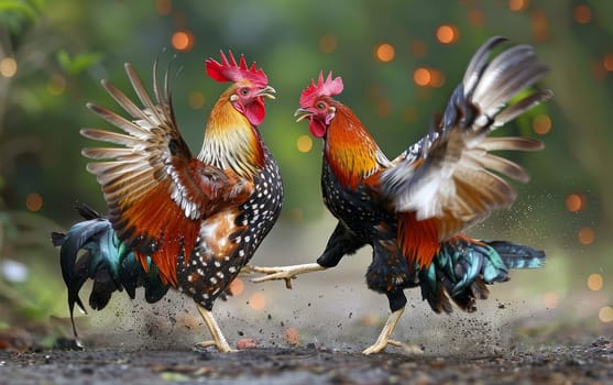 Two fierce roosters engaged in an intense cockfight amidst falling autumn leaves, capturing the dynamic energy of the battle