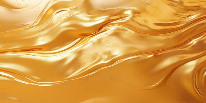 Golden fluid background. Liquid yellow metal wallpaper. Glamour swirl gold texture. 3d wavy flow abstraction