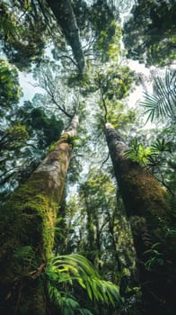 A lush expanse of an ancient forest unfolds beneath a verdant canopy, with gigantic trees ascending into the sky, enrobed in vibrant moss and life.