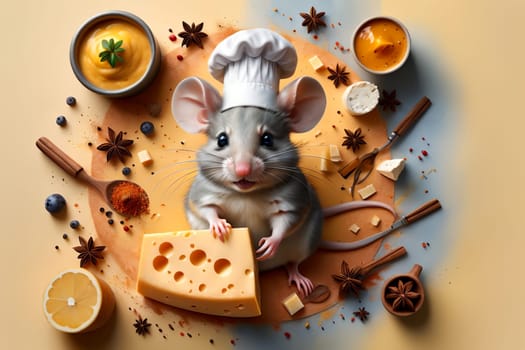 cute mouse with cheese, top view .