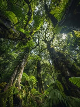 Gaze upwards in a forest of antiquity where immense trees reach for the heavens, their moss-covered trunks a testament to the timeless beauty of nature.