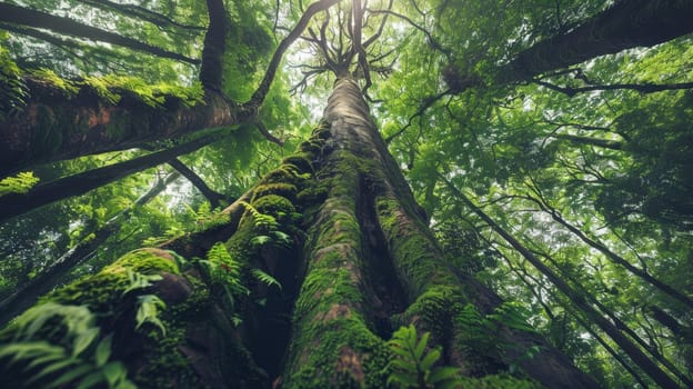 Gaze upwards in a forest of antiquity where immense trees reach for the heavens, their moss-covered trunks a testament to the timeless beauty of nature.