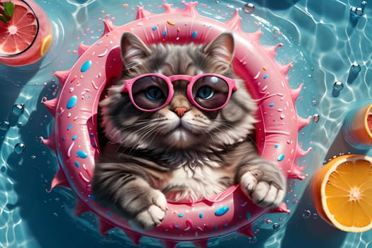 cat in an inflatable ring floats on the sea, top view .