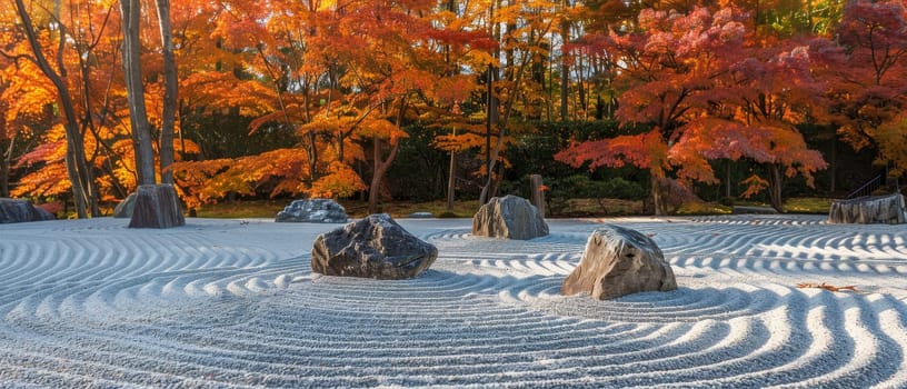 A Zen garden's tranquil setting is accentuated by the warm fall colors, inviting a moment of peace amid the raked sand and stone arrangements.