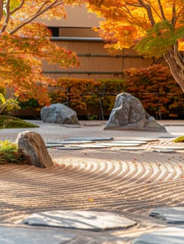 Meticulously raked sand patterns create a serene landscape in a Japanese Zen garden, complemented by vibrant autumn leaves and tranquil shadows.