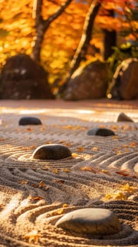 Sun-kissed and vibrant, the meticulously arranged Zen garden reflects the splendor of autumn with its patterns of raked sand among colorful leaves.