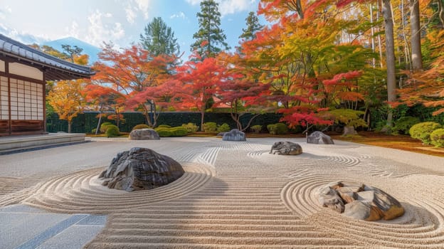 The calm of an autumn day settles over a Japanese Zen garden, where raked gravel and autumnal hues invite contemplation and tranquility.