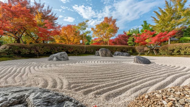 The calm of an autumn day settles over a Japanese Zen garden, where raked gravel and autumnal hues invite contemplation and tranquility.