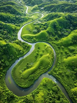 The peaceful green river winds elegantly through undulating hills, creating a harmonious natural pattern as viewed from the skies.