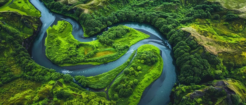 The meandering river cuts a sinuous path through the dense greenery, as seen from above, highlighting the contrast between water and forest.